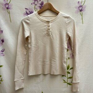 American Eagle Cream Ribbed Henley Top Long Sleeve T Shirt